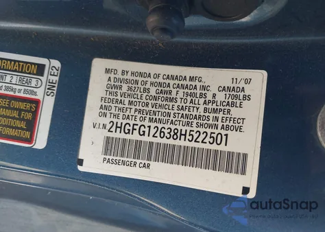 2008 Honda Civic Lx from USA, damaged, VIN 2HGFG12638H522501